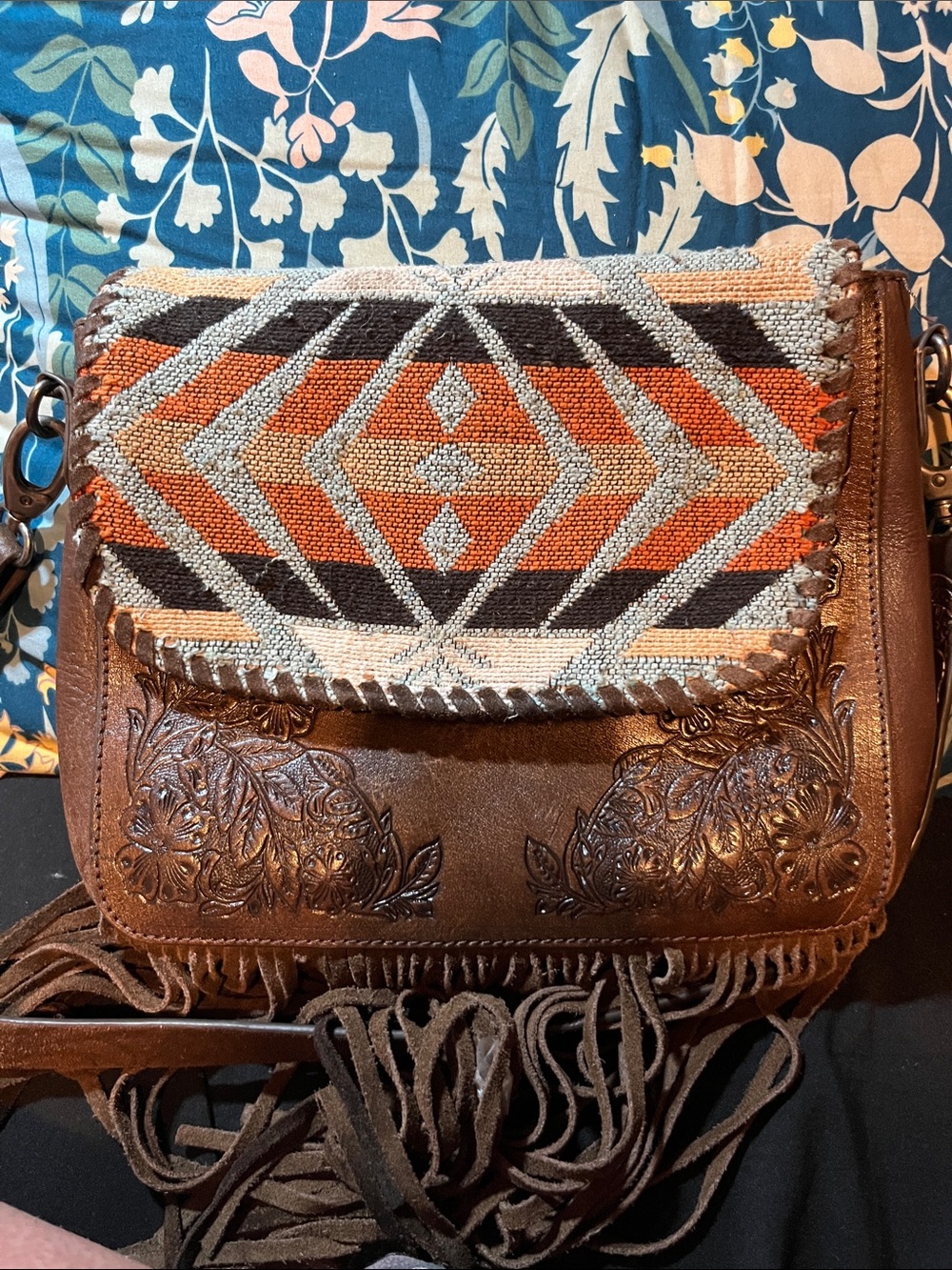 Shyanne Brown Leather Crossbody with Orange Aztec Woven Flap
